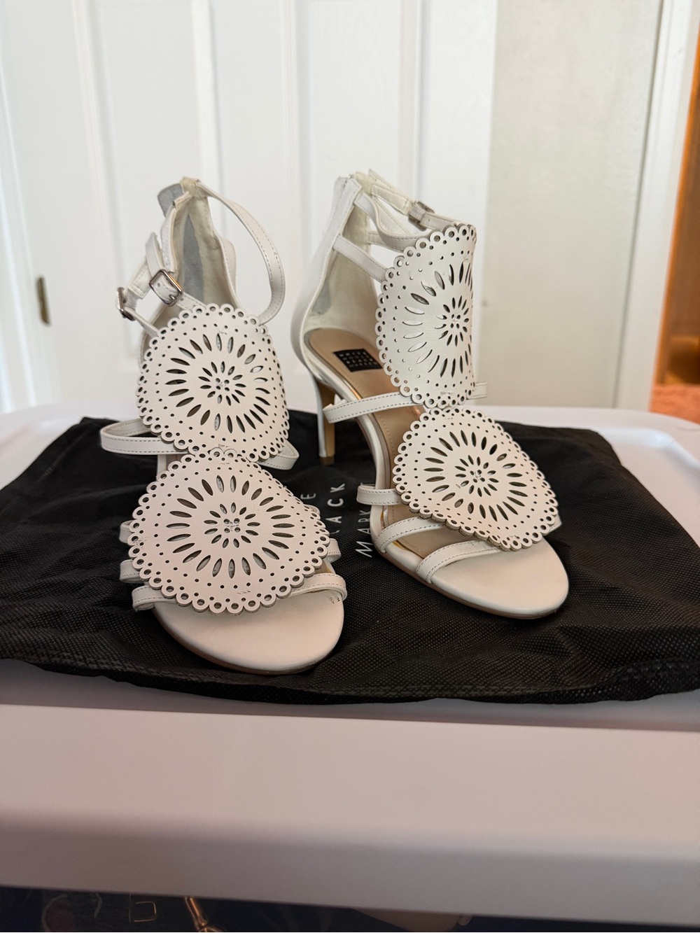 WHBM Women’s White Laser-Cut Decorative Strap Heels